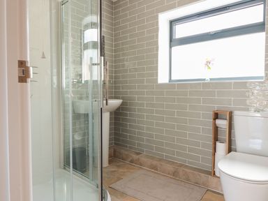 A bathroom with a shower, pedestal sink, toilet, window, and toilet paper holder at Black Cat Bach in Gilwern