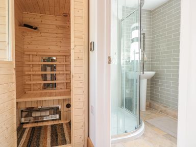 A wooden sauna next to a bathroom with a glass shower and pedestal sink at Black Cat Bach in Gilwern