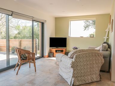 A living room with a wicker chair a patterned armchair a beige sofa and a corner TV at Black Cat Bach in Gilwern