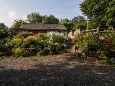 A garden with stone steps leading to a wooden shed surrounded by flowers at Black Cat Bach in Gilwern