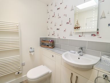 A bathroom with a toilet sink mirror and towel radiator at Lambs Lodge in Bamburgh