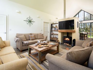 A living room with sofas a wooden coffee table a wall mounted television and a fireplace at Lambs Lodge in Bamburgh