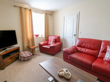 A living room with red leather sofas a wooden coffee table a TV on a stand and beige curtains at Bari in Aberaeron