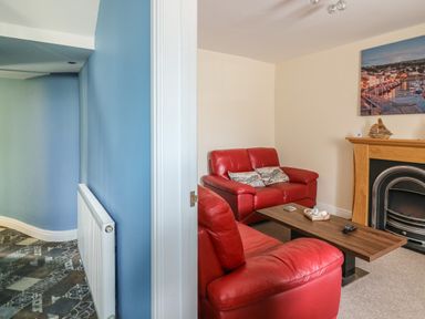A living room with red leather sofas a wooden coffee table a fireplace and a blue wall with radiator at Bari in Aberaeron