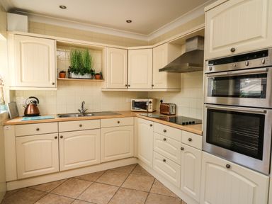 A kitchen with cream cabinets a stainless steel double oven a toaster a microwave a kettle and plants on a shelf at Bari in Aberaeron
