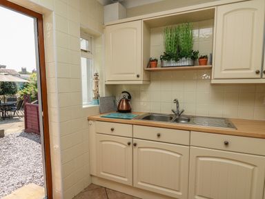 A kitchen with cream cabinets a metal sink a kettle and potted plants on a shelf at Bari in Aberaeron