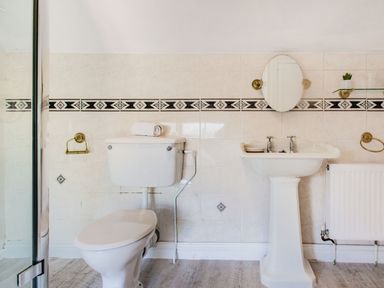 A bathroom with a toilet a pedestal sink an oval mirror and a towel rack at Bryn Rhosyn in Nefyn