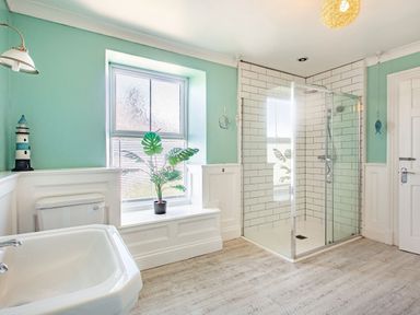 A bathroom with a shower enclosure a sink a toilet a window with a potted plant and light blue walls at Bryn Rhosyn in Nefyn