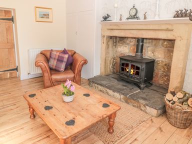 A room with a wooden coffee table with a flower pot a leather armchair a stone fireplace with a wood stove and a basket of logs at Baytree in Alnwick