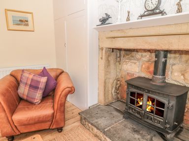 A room with a brown armchair with two cushions next to a stone fireplace with a wood burning stove at Baytree in Alnwick