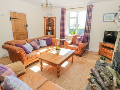 A living room with leather sofas a wooden coffee table a television and a wood-burning stove at Appletree in Alnwick