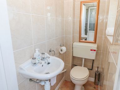 A small bathroom with a sink soap dispenser toilet mirror and toilet paper at Appletree in Alnwick
