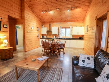 A wooden kitchen and dining area with table and chairs next to a living space with a black sofa at Chloes Lodge in Middleton Ryedale