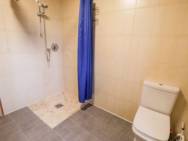 A bathroom with a shower area with a blue curtain and a white toilet at Chloes Lodge in Middleton Ryedale