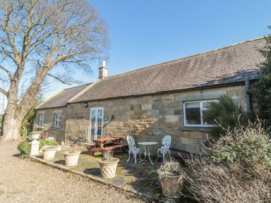 Stone cottage exterior with patio furniture and potted plants under a clear sky at Holly Cottage in Alnwick
