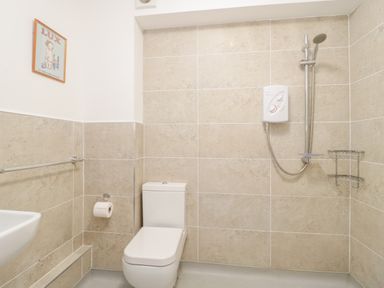 A bathroom with a toilet sink and shower at 14 Lyme Mews in Seaton Devon
