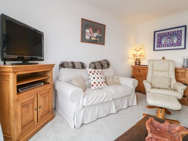 A living room with a sofa and armchair a television on a wooden cabinet and artwork on the walls at 14 Lyme Mews in Seaton Devon