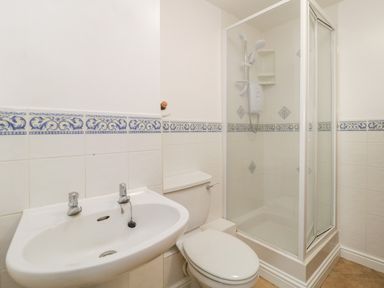 A bathroom with a white sink, toilet, and shower with glass door at 14 Lyme Mews in Seaton Devon
