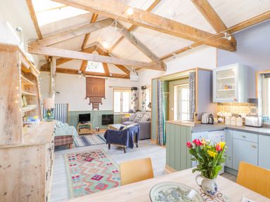 An open plan living area with wooden beams a kitchen with blue cabinets and a table with flowers at Little Willow in Farrington near Child Okeford