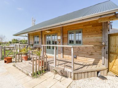 A wooden cabin with a green roof and a small porch with potted plants a chair and a wooden fence at Little Willow in Farrington near Child Okeford