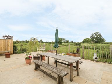 A patio area with a wooden picnic table and benches a closed green umbrella potted plants a white metal bench a chiminea and a wooden fence overlooking a field at Little Willow in Farrington near Child Okeford
