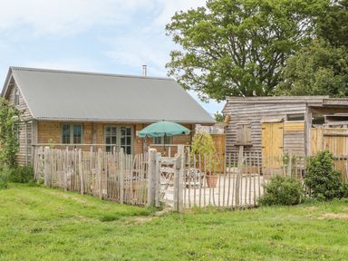 A wooden cabin with a fenced patio and green umbrella in a grassy area at Little Willow in Farrington near Child Okeford