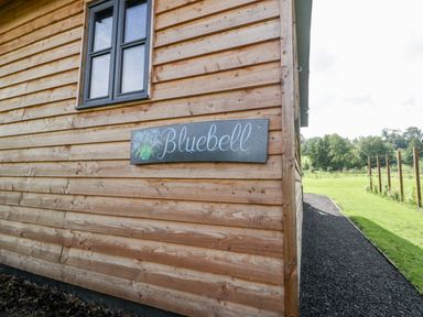 The exterior corner of a wooden building with a window and a sign saying Bluebell with grass and trees in the background at Bluebell in Sticklinch West Pennard Glastonbury