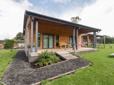 A wooden cabin with a ramp and gravel path surrounded by grass at Bluebell in Sticklinch West Pennard Glastonbury