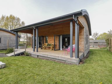 A wooden cabin with a covered porch featuring a bench and pink chairs on a lawn at Bluebell in Sticklinch West Pennard Glastonbury