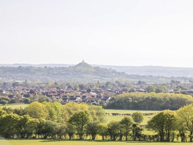 A rural landscape with trees fields houses and a hill with a tower on top at Primrose in Sticklinch West Pennard Glastonbury