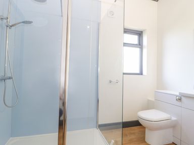 A bathroom with a glass shower enclosure and a toilet near a window at Primrose in Sticklinch West Pennard Glastonbury