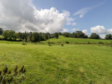 A grassy field with trees on the hills under a partly cloudy sky at Primrose in Sticklinch West Pennard Glastonbury