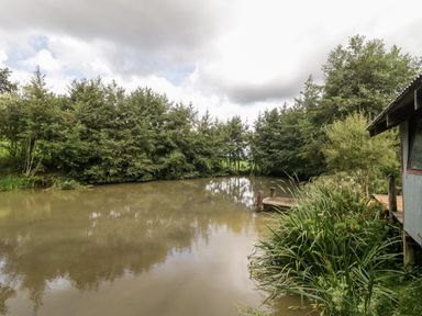 A pond surrounded by trees with a wooden dock and a small building at Primrose in Sticklinch West Pennard Glastonbury