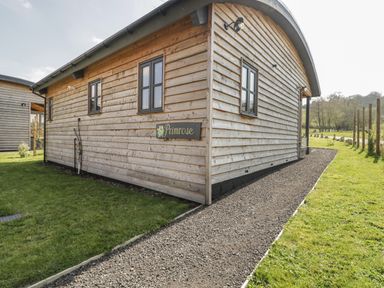 A wooden building with black framed windows and a gravel path outside at Primrose in Sticklinch West Pennard Glastonbury