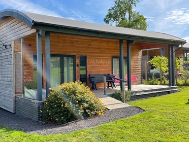 A wooden cabin with a porch, outdoor chairs, a bench, plants, and grass at Primrose in Sticklinch West Pennard Glastonbury