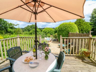 A wooden deck with a round table and chairs under a large umbrella with cupcakes and wine overlooking a garden with chairs and greenery at Woodstock Cottage Birchill near Chardstock