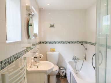 A bathroom with a toilet sink bathtub and showerhead at Woodstock Cottage in Birchill near Chardstock