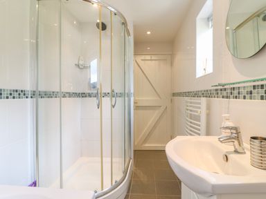 A bathroom with a curved glass shower enclosure a white sink mirror and a wooden door at Woodstock Cottage in Birchill near Chardstock