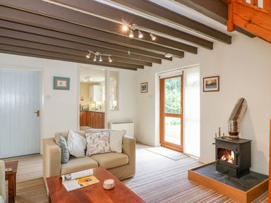 A living room with a beige sofa pillows coffee table a wood burning stove and a door to the outside at Woodstock Cottage Birchill near Chardstock