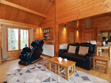 A living room with a black massage chair black sofa wooden coffee table and dining table in a wooden cabin at Woodpeckers in Willand
