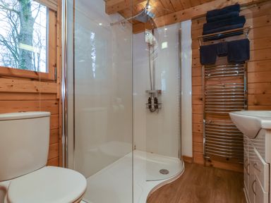 A bathroom with a toilet shower sink heated towel rail with towels wooden walls and a window at Woodpeckers in Willand