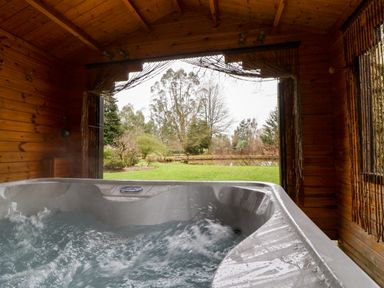 A hot tub inside a wooden cabin with an open view of a garden and trees at Woodpeckers in Willand