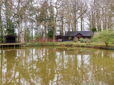 A wooden cabin and a small pavilion near a pond surrounded by trees at Woodpeckers in Willand