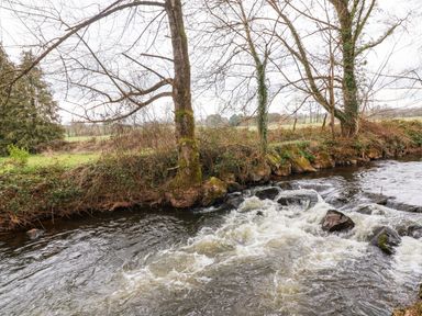A river with flowing water and rocks along a bank with trees and grass at Woodpeckers in Willand
