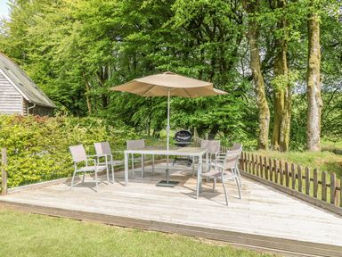 An outdoor wooden deck with a table, six chairs, a large umbrella, and a barbecue grill surrounded by trees at Trevinny Lodge No 37 Davidstow near Boscastle