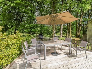 An outdoor patio with a table umbrella six chairs and a grill surrounded by trees at Trevinny Lodge No 37 Davidstow near Boscastle