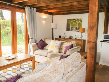 A living room with sofas cushions a coffee table and a wooden sideboard with lamps at Trevinny Lodge No 37 in Davidstow near Boscastle