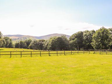 A grassy field with a wooden fence trees and hills in the background at The Old Coach House in Llanarmon-Yn-Ial