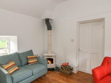 A room with a blue sofa, a burning stove, a basket of firewood, and a red chair at The Old White Cottage in Shillelagh County Wicklow