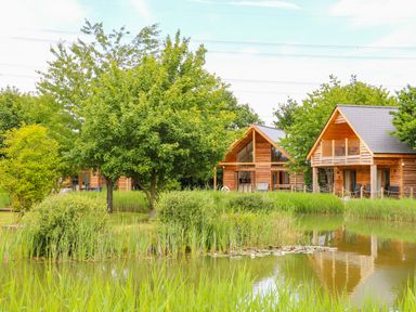 Two wooden lodges with balconies near a pond with trees and vegetation at Dorado Lodge in Thorpe-on-the-Hill